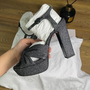 Jimmy Choo Black Glitter Platform Heloise Heels Fits to 7-7.5 W $1025 Retail